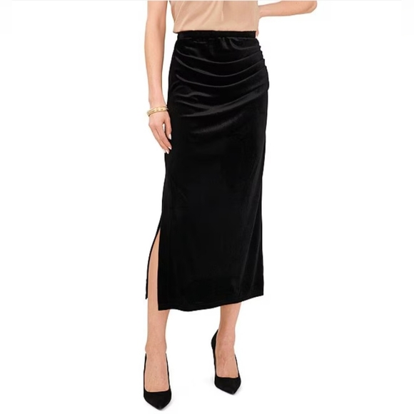 Vince Camuto Velvet Ruched Side Slit Midi A-Line Skirt - Picture 5 of 6